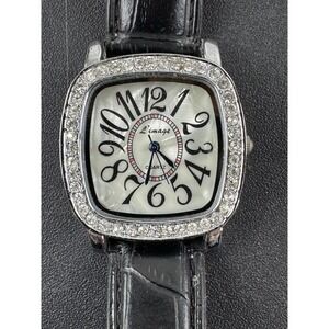 L'image Square Opalescent face, rhinestone bezel black band watch works